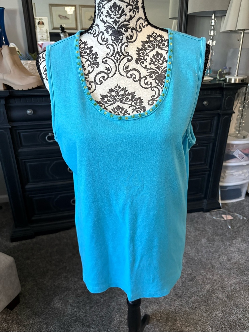Bright Turquoise Sleeveless Sequined Trim Tank Top
